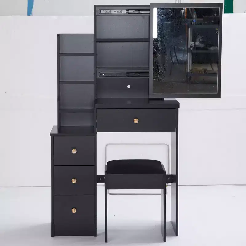 Okak Vanity Table and Chair Set, 29.2 Small Left Bedside Cabinet Vanity Table with Extra Large Touch Control Sliding LED Mirror, Black