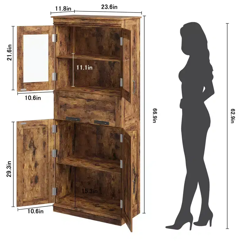 67 Tall Storage Cabinet with 4 Doors, Adjustable Shelves & Flip Glass Drawer, for Bathroom, Kitchen, Living Room