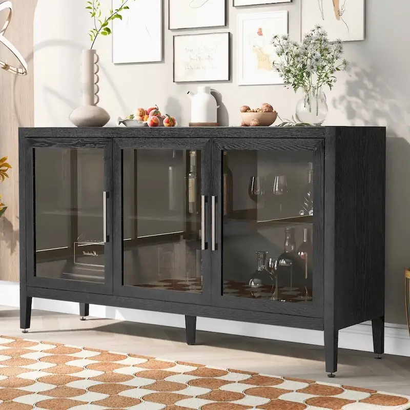 Wood Storage Cabinet with Three Tempered Glass Doors and Adjustable Shelf,Suitable for Living Room, Study and Entrance