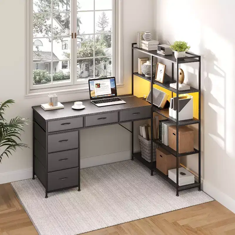 47.2 Modern L-Shaped Computer Desk with 6 Drawers and 5-Tier Shelves - Corner Workstation with Built-in Power Outlets for Home Office