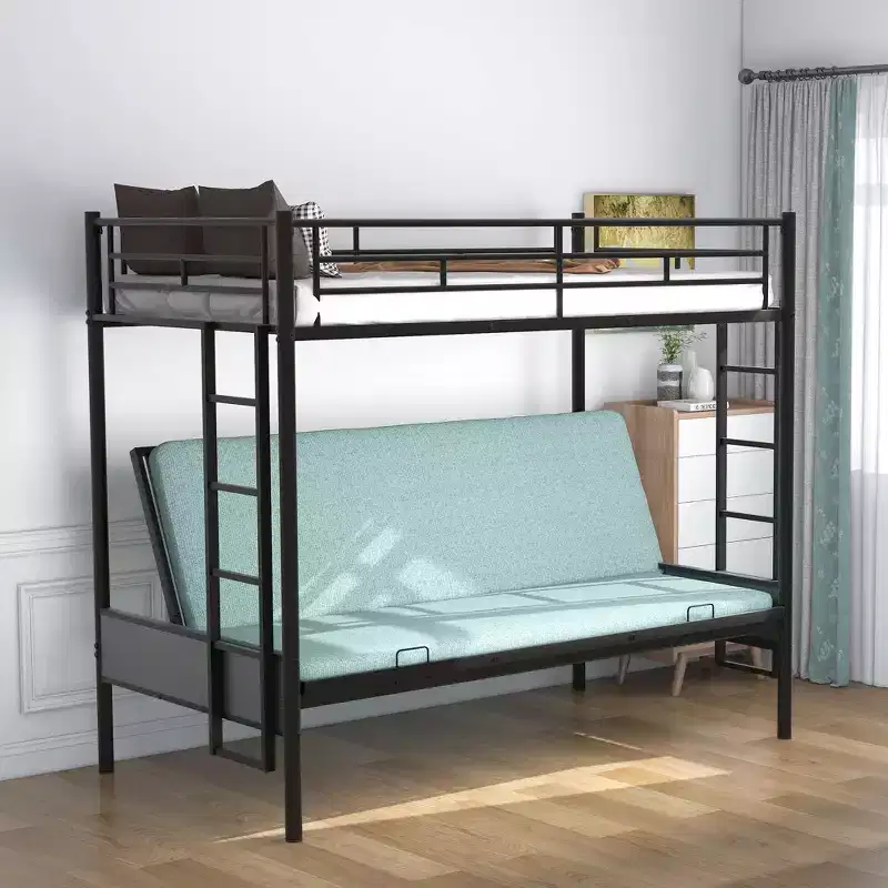 Twin over Full Metal Bunk Bed with Ladder and Guardrails, Down Bed Can be Converted Into Daybed, Multi-Function, Black