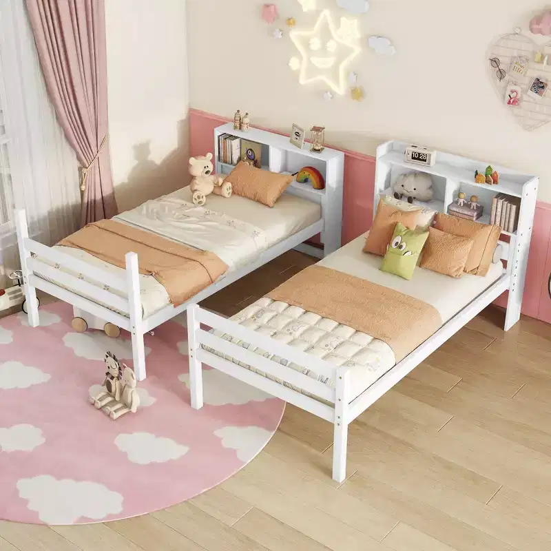 Twin Bunk Bed with Shelves, Headboard, Safety Guardrails and Ladder, Convertible to 2 Beds for Bedroom, White