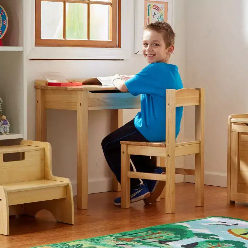 Melissa & Doug Wooden Child's Lift-Top Desk and Chair - Honey: Enclosed Storage Cabinet, Office Furniture Set