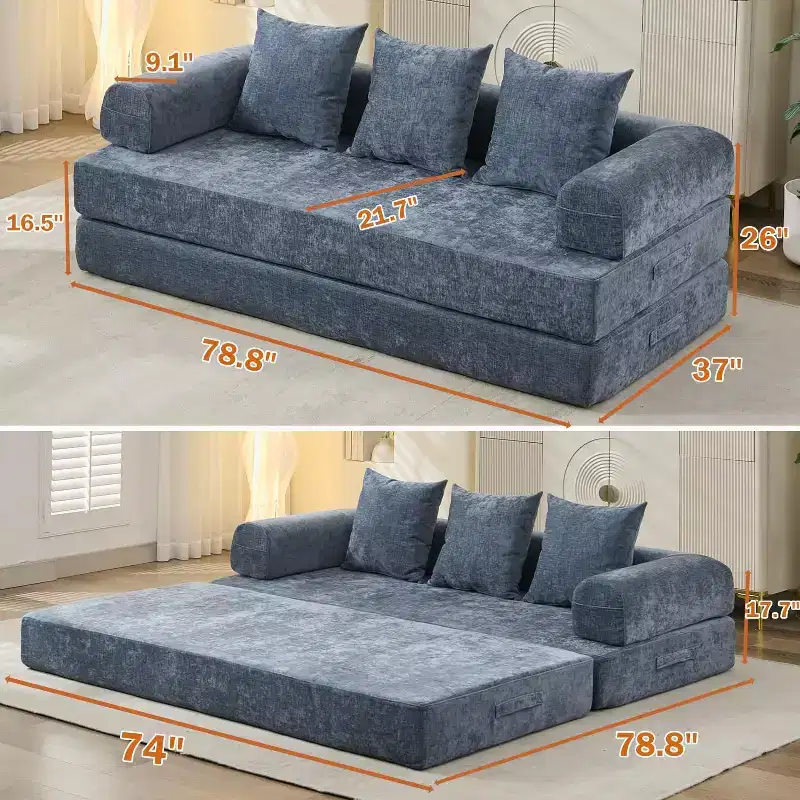 4-in-1 Convertible Sofa Bed, Floor Foldable Couch Bed with Armrests & Pillow, No Assembly Required, Comfy Memory Foam Couch, Blue
