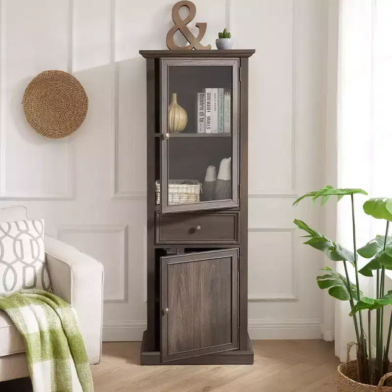 Modern Tall Storage Cabinet with Glass Doors & Shelves - Freestanding Sideboard with Drawer for Living Room, Kitchen, Dining Room & Office