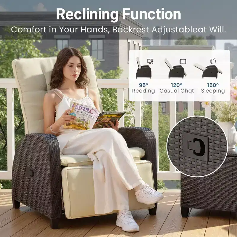 Heynemo Adjustable Rattan Recliner, Outdoor Lounge Chair with Backrest and Footrest, Weather-Resistant Wicker Patio Furniture for Deck, Porch