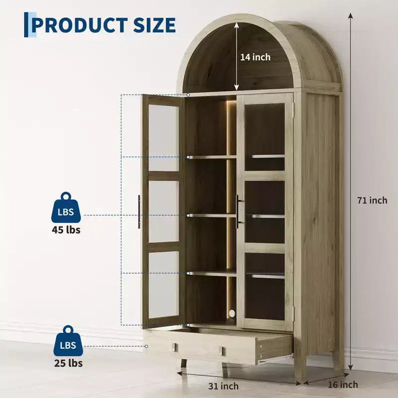 71 Tall Arched Kitchen Pantry Cabinet, Wood Cupboard Storage Cabinet with Lights & Glass Doors, Versatile Display Cabinet for Living Room Kitchen