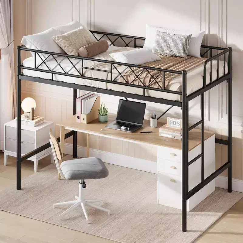 Loft Bed Twin Size for Teens & Adults Metal Loft Frame with Safety Guardrail & Flat Ladder Rung Heavy Duty Steel Slats Space Saving Design