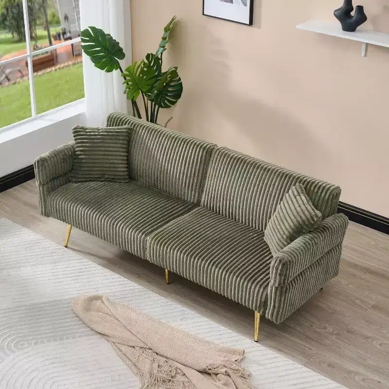 MAYEERTY Corduroy Sofa Foldable Double Sofa Bed with Folding Armrests Suitable for Living Room and Small Spaces Green