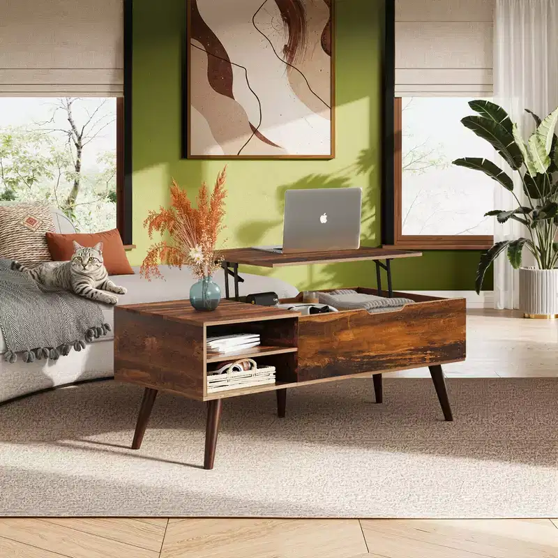 Coffee Table, Lift Top Coffee Tables with Adjustable Storage Shelf and Hidden Compartment, Lift Tabletop Dining Table for Living Room, Rustic Oak
