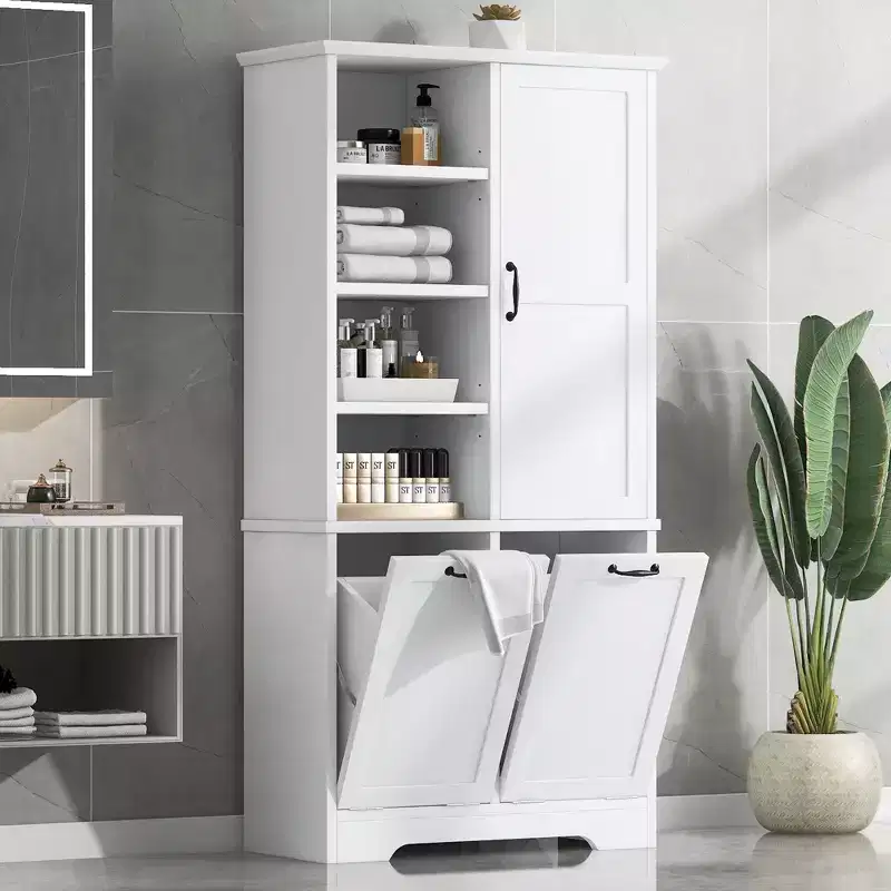 Bathroom Storage Cabinet with Drawers, Tilt-Out Laundry Hamper and Open Shelves