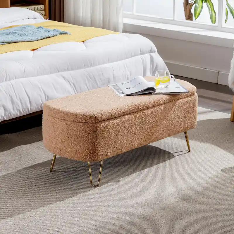 Oval Storage Ottoman Bench with Gold Legs by - 39.37L x15.75W x 15.50H