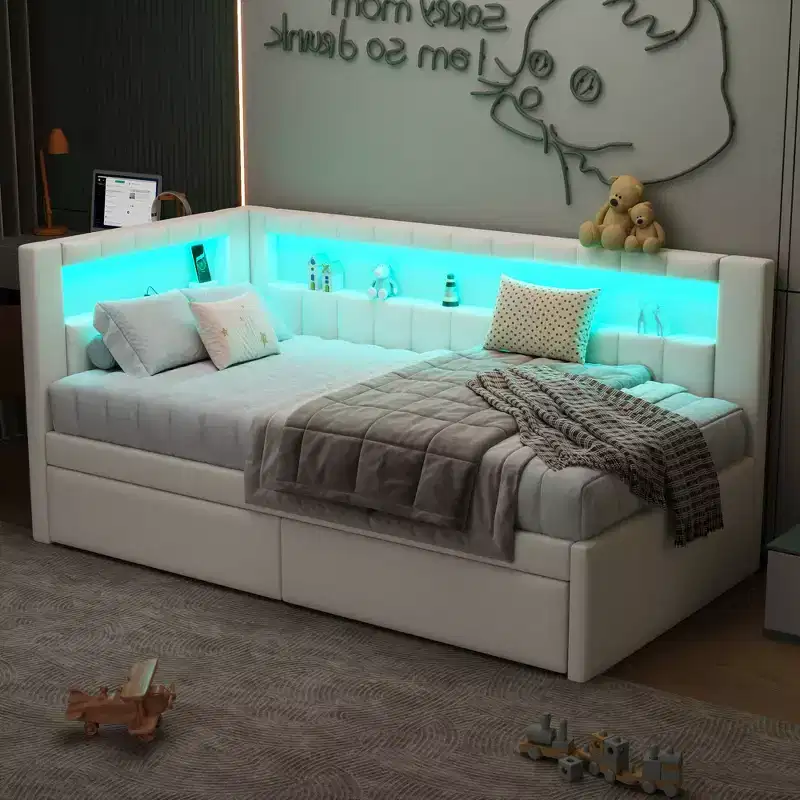 Upholstered Twin Size Platform Bed with USB Ports and LED Belt, With 2 Drawers, White