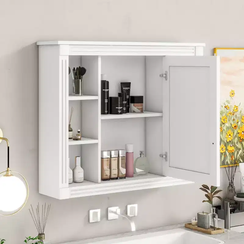 Wall-Mounted Bathroom Storage 35x28 - Mirrored Cabinet with Open Shelving