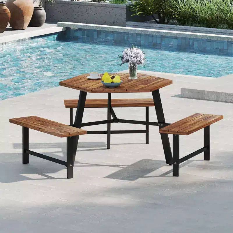 Costway 6 Person Acacia Wood Picnic Table Bench Set w/3 Seats Umbrella Hole Metal Frame