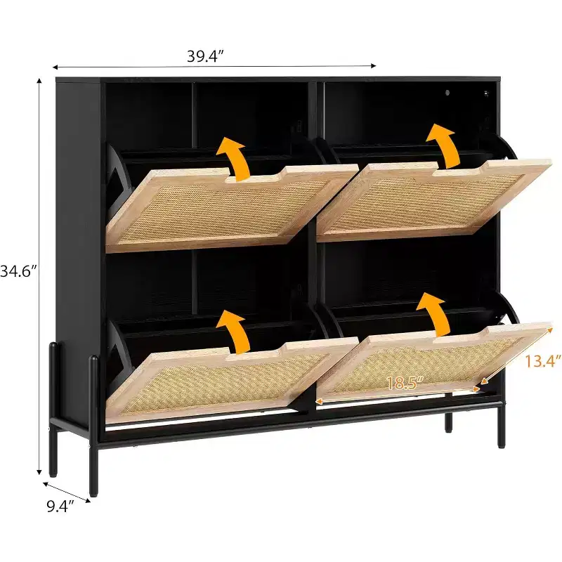 Natural Rattan Storage Cabinet with 2 Flip Drawers, Wooden Entry Way Shoe Cabinet with Storage with Adjustable Shelf and Metal Legs