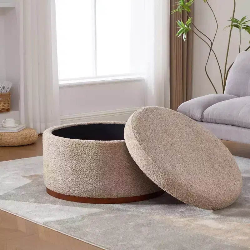 Christopher Knight Home Antonov Round Upholstered Storage Ottoman with Rubberwood Base