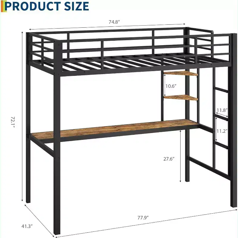 Acekool Twin Size Metal Loft Bed with Desk and Storage Shelves, Guardrail & Ladder, Space-Saving Bed for Kids Teens Adults, White/Black
