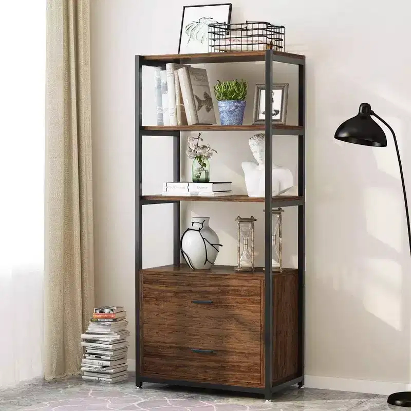 4-Tier Bookshelf with 2 Drawers – Metal Frame, Particle Board, 60