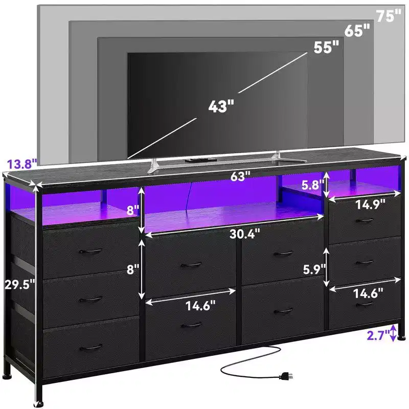 63.3 Inch 10 Drawer Dresser TV Stand for 65 70 75 Inch TV, Fabric Chest of Drawers with LED Light & Power Outlet, Long Entertainment Center
