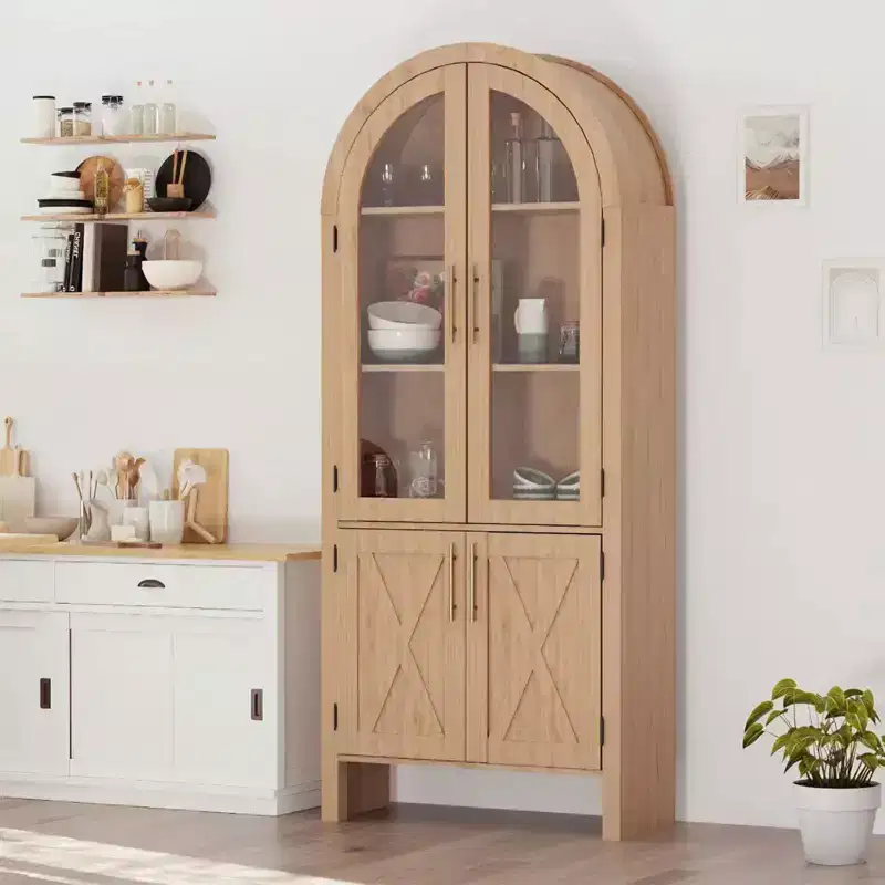 Coolmee 60 Kitchen Pantry Storage Cabinet, Large Arched Display Cabinet with 4 Glass Doors, 4-Tier Freestanding Organizer for Bathroom, Entryway