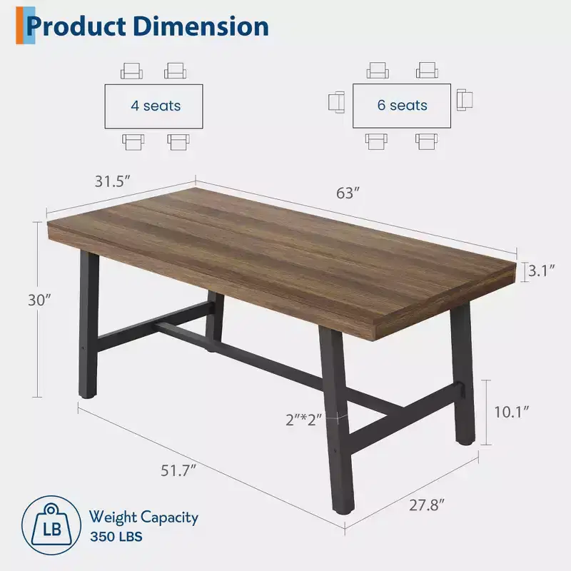Industrial Dining Table for 4-6 People, 63 Long Wooden Kitchen Table with Sturdy Metal Frame & Grey Finish - Seats 4 Rectangular Counter