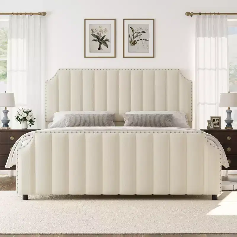 WhizMax Queen/King Size Bed Frame with 50.2 Tall Headboard, Velvet Upholstered Bed Frame Queen with Vertical Channel Tufted Headboard & Footboard