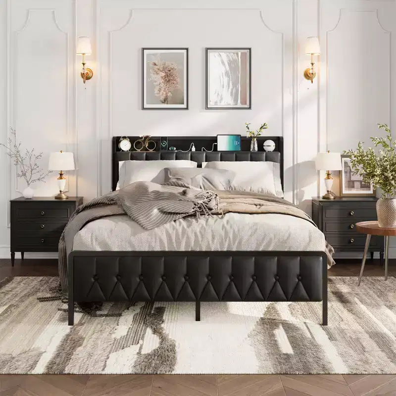 Bed Frame with PU Faux Leather Button Headboard with Charging Station, All-Metal Platform Bed Frame with Storag