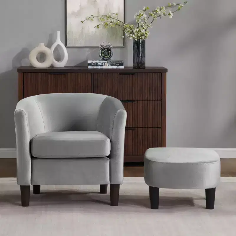 Velvet Accent Chair with Ottoman, Modern Barrel Chair Armchair for Living Room, Bedroom