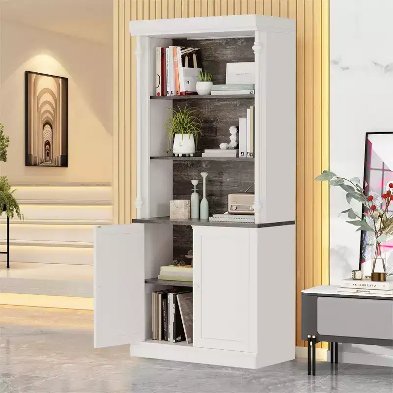 Double Door Bookshelf MDF Iron Roman Columns - Tri-Color Storage Cabinet White Dark Gray, Vintage Home Decor