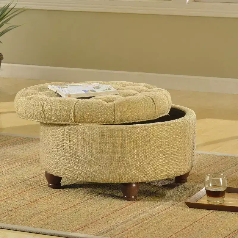 Tan & Cream Tweed Tufted Storage Ottoman with Wood Legs & Lift-Off Lid