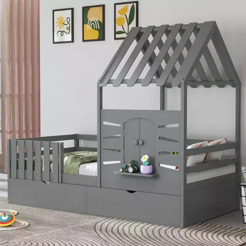 Twin Bed Frames with Roof and Window, Kids Twin Size House Bed with Storage Drawers and Guardrails for Girls & Boys