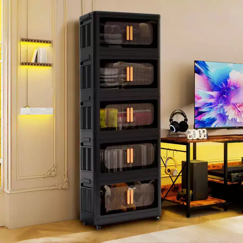 MAYEERTY 24 Side Wide 5 Tiers Plastic Folding Storage Cabinet with Magnetic Door Wheels for Living Room Black
