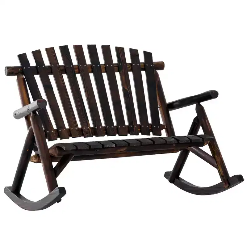 Outdoor Wooden Rocking Chair, Double-Person Rustic Adirondack Rocker with Slatted Seat, High Backrest, Armrests for Patio, Garden and Porch