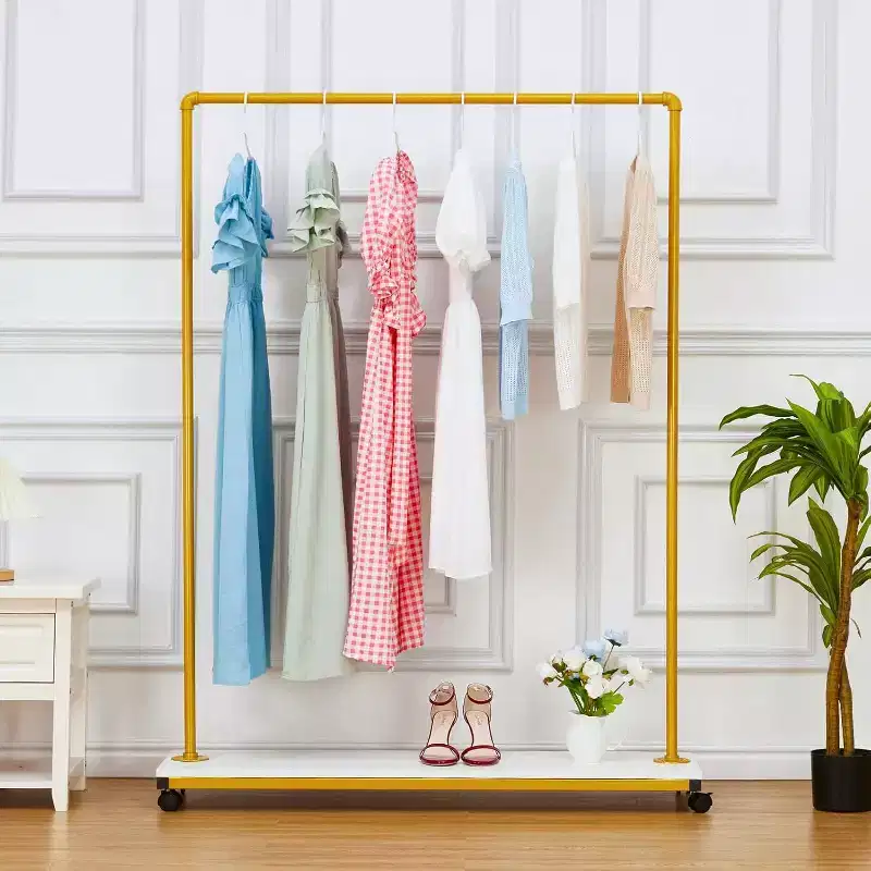 Acekool Gold Rolling Clothing Rack - Heavy Duty Metal Garment Rack with Wheels & Shelves for Home/Boutique