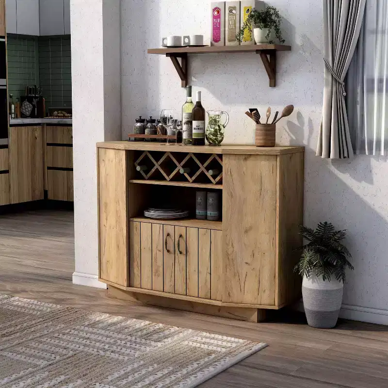 Winding Oaks Farmhouse 4 Bottle Lattice Wine Cabinet Light Oak - miBasics: Storage Sideboard with Adjustable Shelves