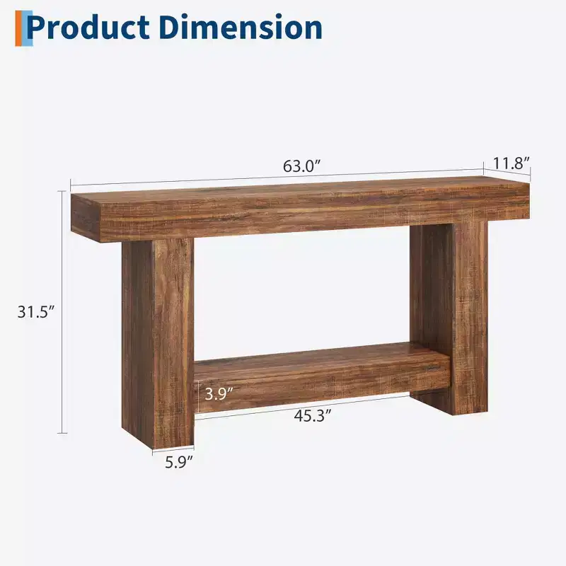 Entryway Console Table, Farmhouse 2-Tier Entryway Table, Long Sofa Accent Table Behind Couch Table with Open Storage for Entrance, Living Room, 63