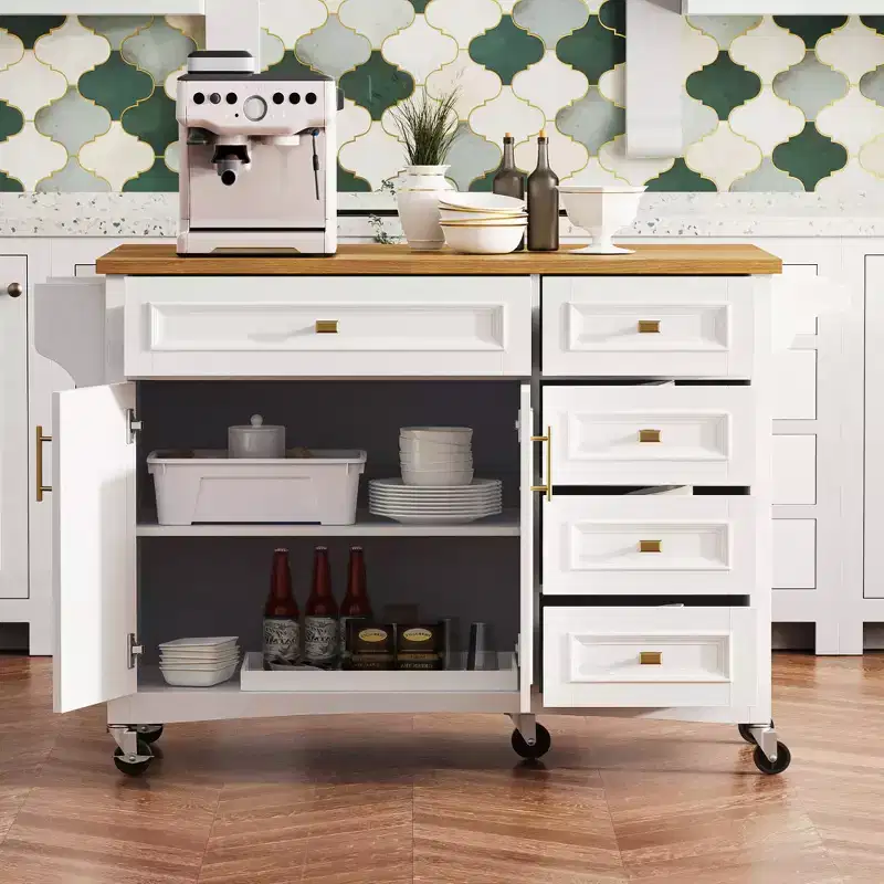 52'' Kitchen Island with Drop Leaf, Built in Racks, Drawers and Adjustable Shelf, Kitchen Island on Wheels