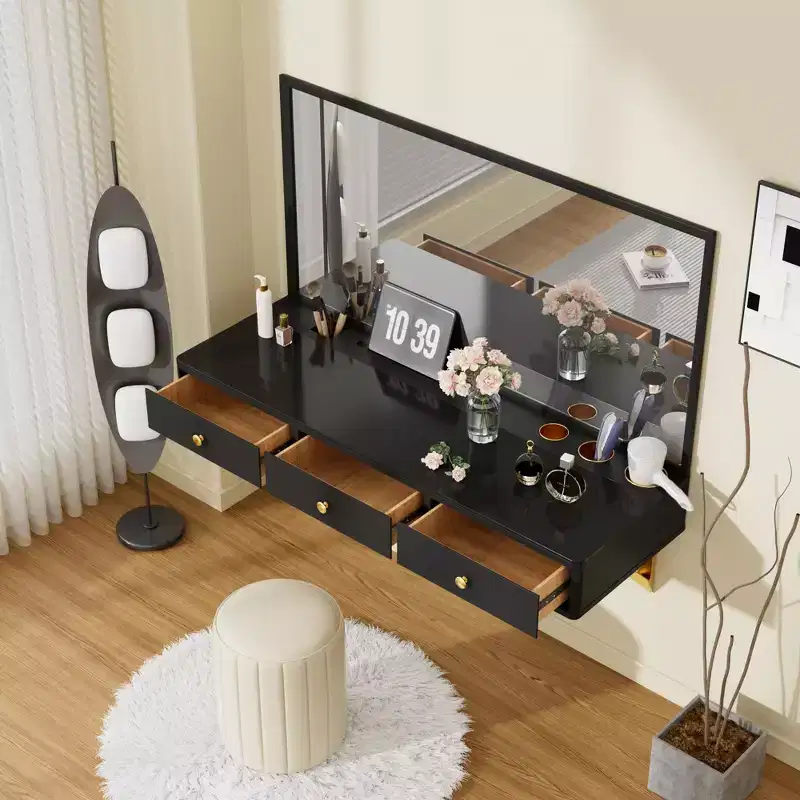 GO 47 Floating Shelf with Drawer, Multi-Purpose Wall-Mounted Vanity Table, Mounted Desk