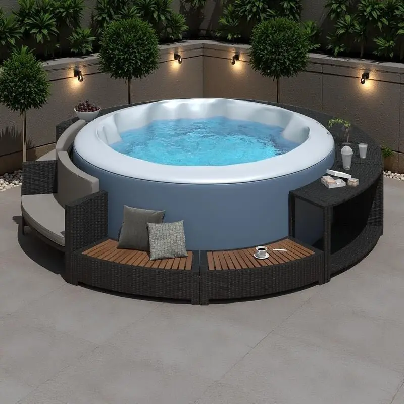 Outdoor Patio Rattan Spa Surround Frame Sofa Set with Storage Spaces, Bench and Cushions