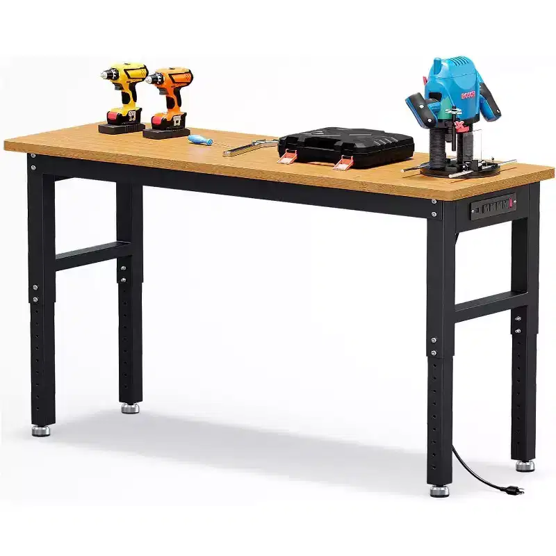 60 Adjustable Height Garage Workbench with Solid Wood Top, 2200 lbs Capacity, Power Outlets & Non-Slip Feet, Heavy Duty