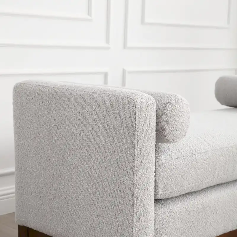53.5W Elegant Boucle Upholstered Bench, Ottoman with Wood Legs & Bolster Pillows