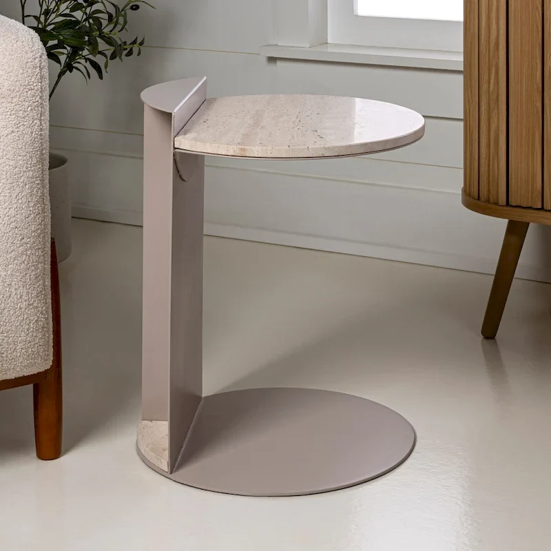 Javier 20 Contemporary Natural Marble/Metal Handmade C-Shaped End Table, Beige/Pink Beige