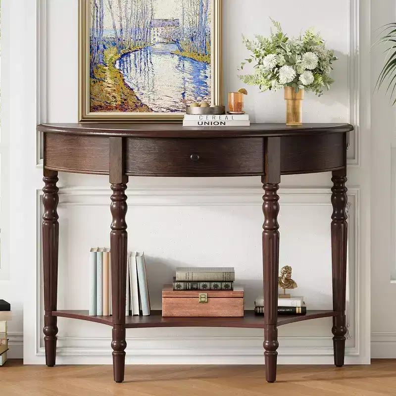Farmhouse Half-Moon Console Table with Drawers and Shelves Rustic Side Table, Sofa Table for Living Room Rich Coffee Brown