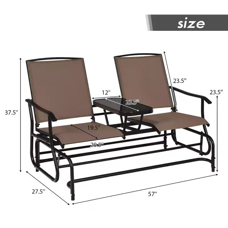 Costway 2 Person Patio Double Glider Steel Frame Loveseat Rocking with Center Table