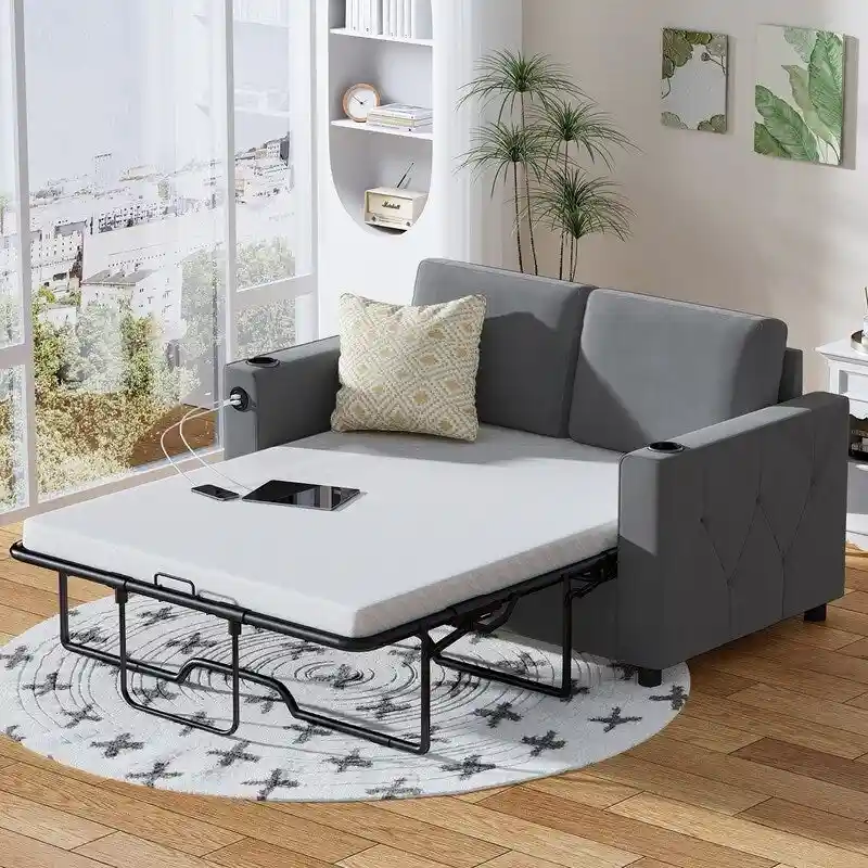 Pull Out Sleeper Sofa Bed with Memory Foam Mattress, Cup Holder & USB Port