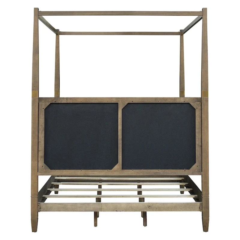 Queen Canopy Bed Frame, Solid Wood, Upholstered Headboard, Gold Metal Cuffs, Slat Foundation, 86.75W x 63.25D x 80H in