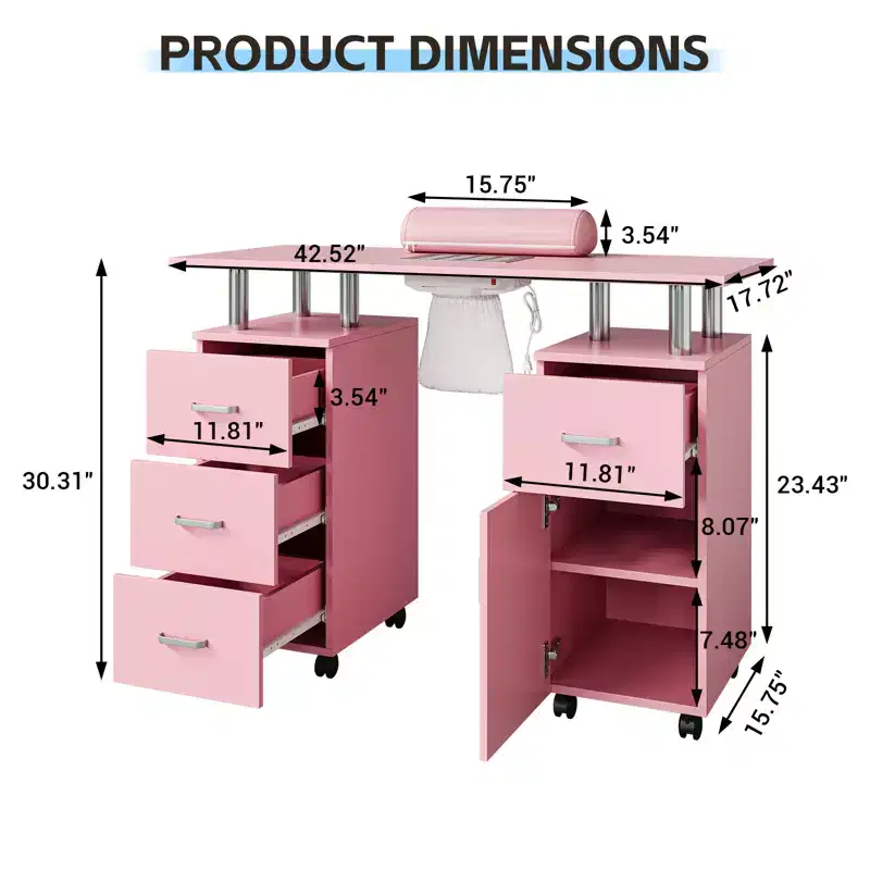 Manicure Table Nail Desk Station with Dust Collector, Locking Castors, Wrist Cushion & Storage for Home, Nail Tech & Beauty Salon
