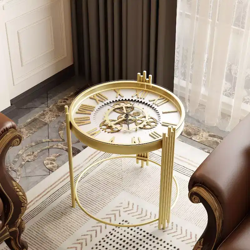 Gold Top Clock End Table with Rotating Gear Display, Round Nightstand Side Accent Table