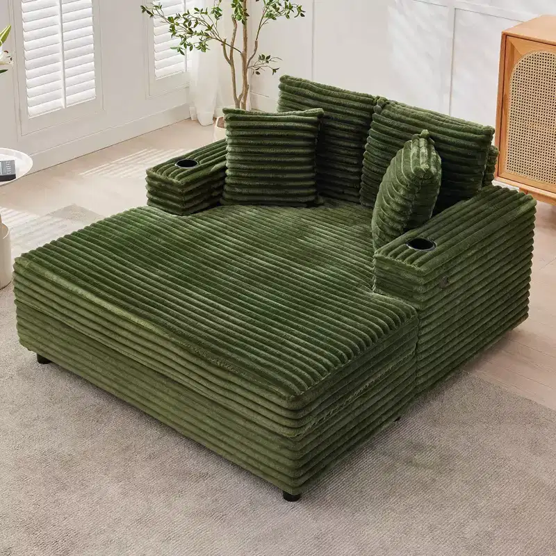 54 Oversized Chaise Lounge Chair, Upholstered Sleeper Sofa Bed with Cup Holder, Corduroy Comfy Sofa Couch for Living Room Bedroom, Green